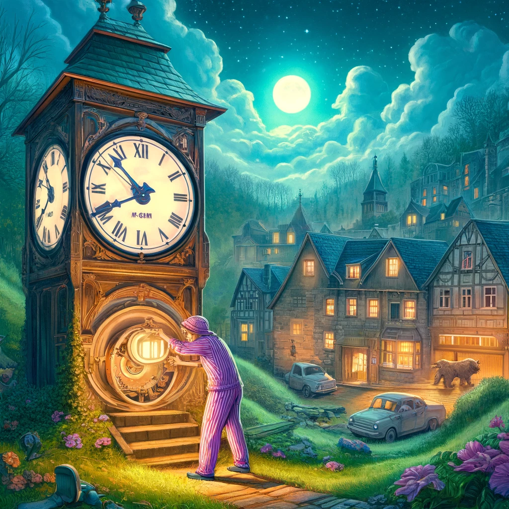 A picturesque scene depicting the transition from standard time to daylight saving time in a whimsical, illustrative style. Imagine a quaint village n