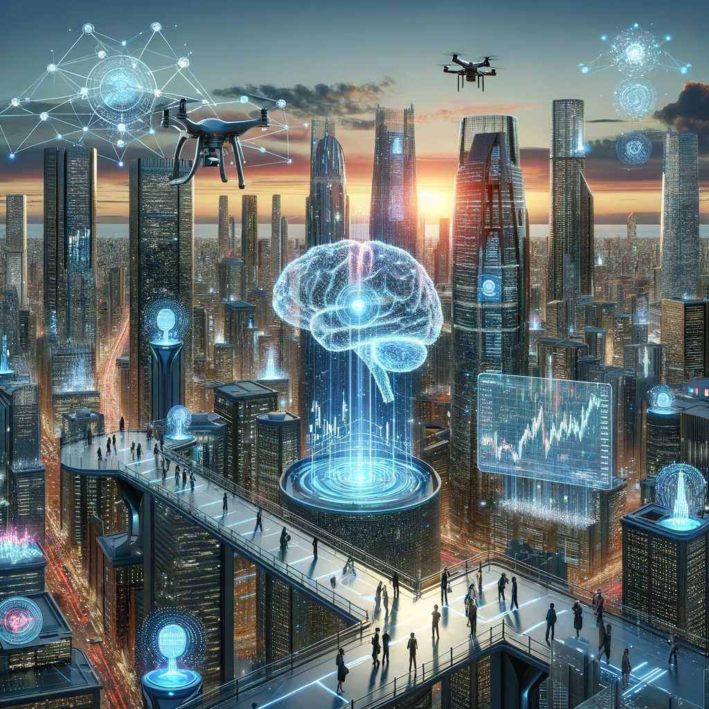 Illustrate a futuristic cityscape where artificial intelligence has transformed financial markets. The scene is set at dusk, with the skyline dominate