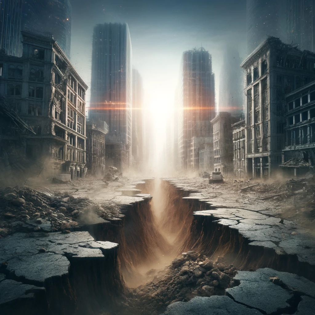 A powerful and dramatic representation of an earthquake's aftermath. The scene unfolds in a devastated urban area, with cracked roads and collapsed bu
