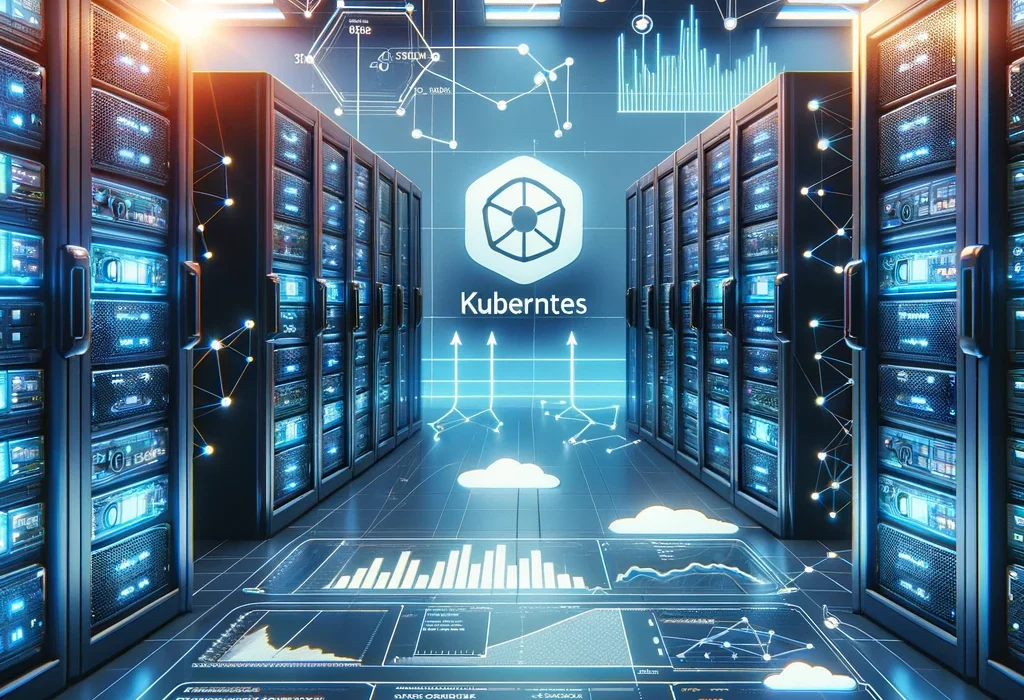 Illustrate a dynamic, high-tech data center with numerous server racks displaying the Kubernetes logo. In the foreground, a digital interface showcase