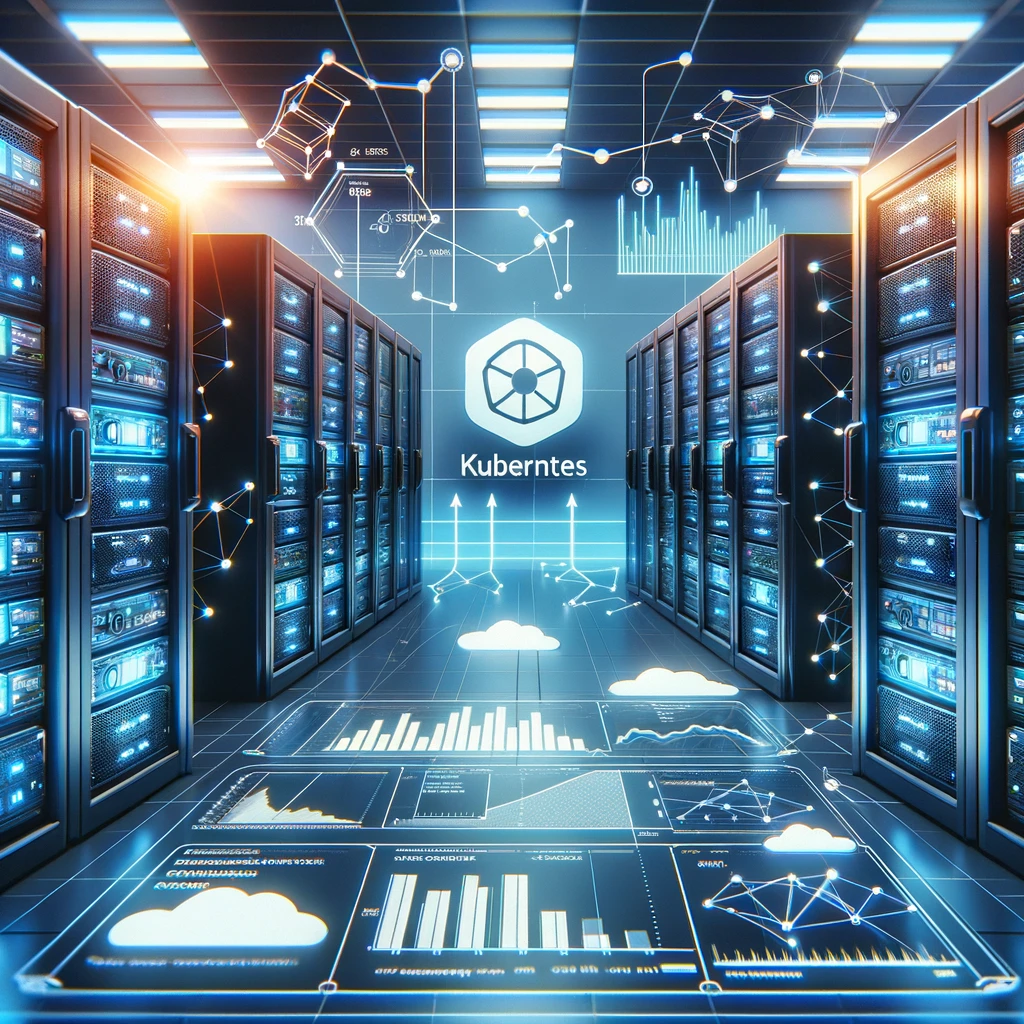 Illustrate a dynamic, high-tech data center with numerous server racks displaying the Kubernetes logo. In the foreground, a digital interface showcase